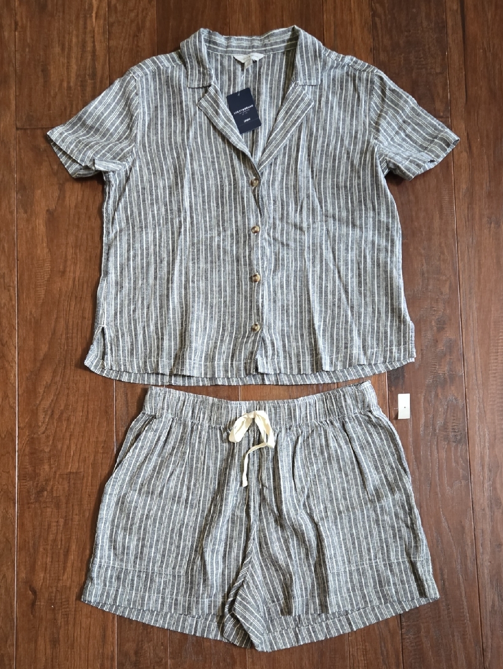 Lucky Brand Linen Striped Lounge Swim Pajama 2 Piece Set Gray & Cream Small NWT
